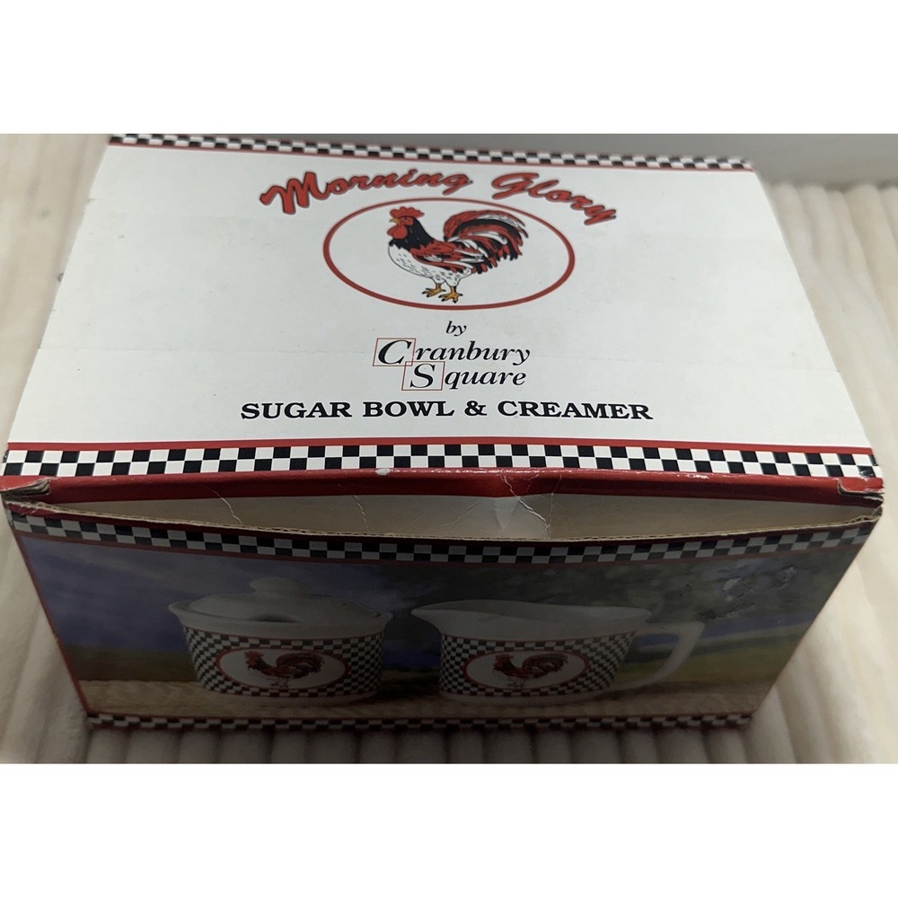 Morning Glory Designs Ceramic Rooster Creamer & Sugar Set Red White Black